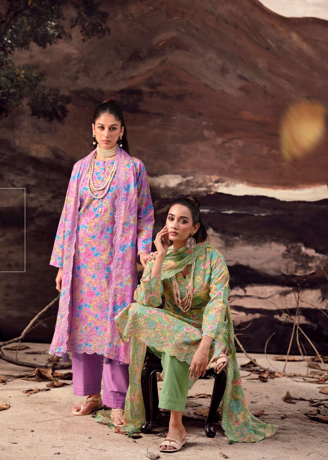 THE HERMITAGE SHOP PETALS IN MAL LAWN COTTON SCHIFFLI WORK SUIT LUXURY WEAR AND FESTIVE FASHION 